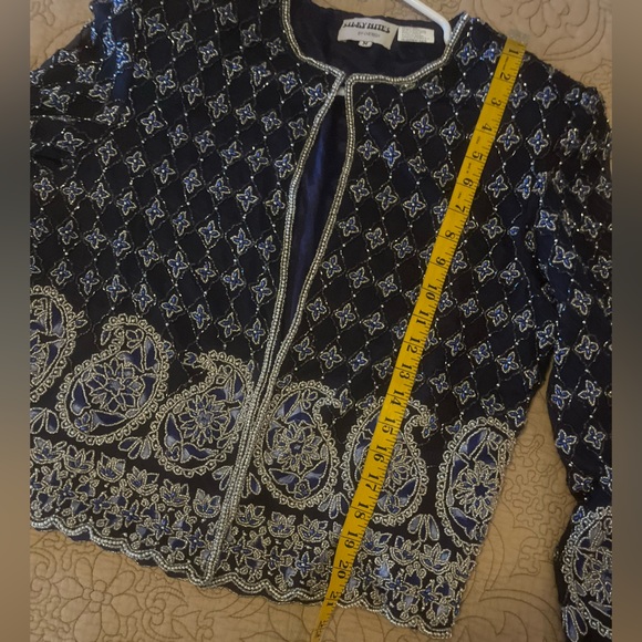 Vintage 1980’s Silky Nites Stunning Beaded Navy Blue Silk Evening Jacket, Size M - Picture 8 of 12